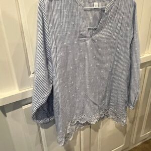 Old Navy Blue White Striped Long Sleeve Blouse Shirt Top Lace Eyelet Medium